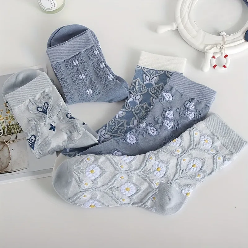 5 Comfy Cartoon Flower Pattern Knitted Socks, Breathable Soft Crew Socks For Outdoor Wearing
