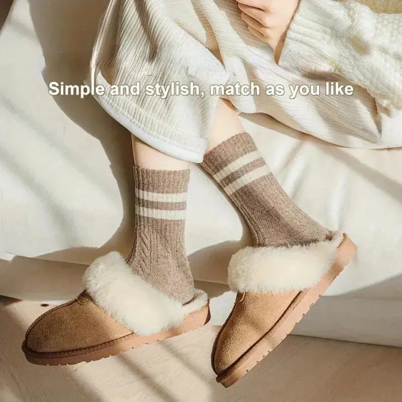 5 Pairs High Quality Fashion Vintage Double Striped Women's Vintage Style Thick Warm Winter Mid-Tube Crew Socks