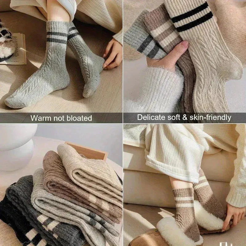 5 Pairs High Quality Fashion Vintage Double Striped Women's Vintage Style Thick Warm Winter Mid-Tube Crew Socks