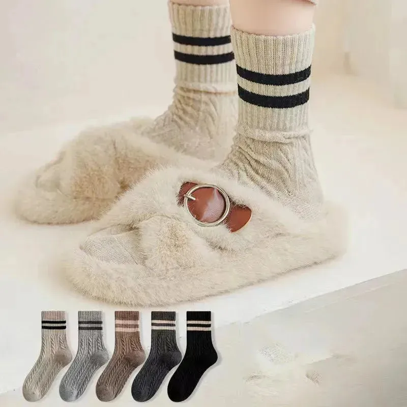 5 Pairs High Quality Fashion Vintage Double Striped Women's Vintage Style Thick Warm Winter Mid-Tube Crew Socks