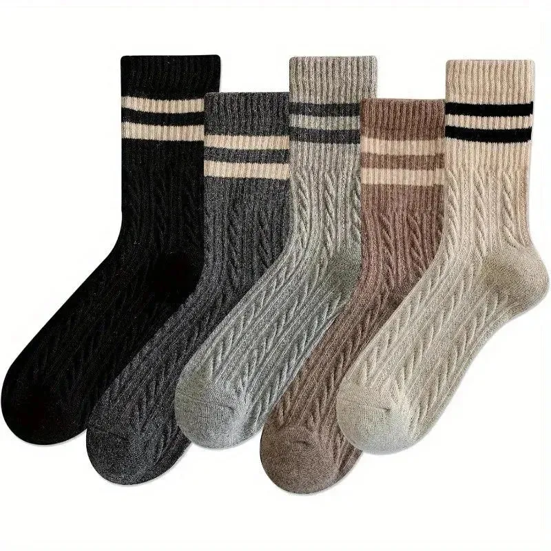 5 Pairs High Quality Fashion Vintage Double Striped Women's Vintage Style Thick Warm Winter Mid-Tube Crew Socks