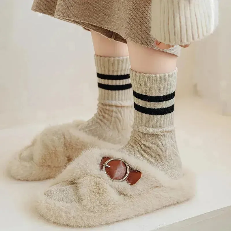 5 Pairs High Quality Fashion Vintage Double Striped Women's Vintage Style Thick Warm Winter Mid-Tube Crew Socks