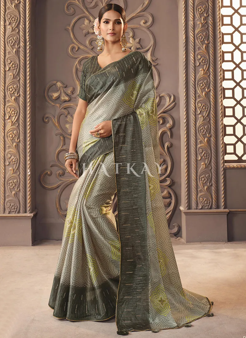 Greenish Grey Zari Embroidery Designer Organza Silk Saree