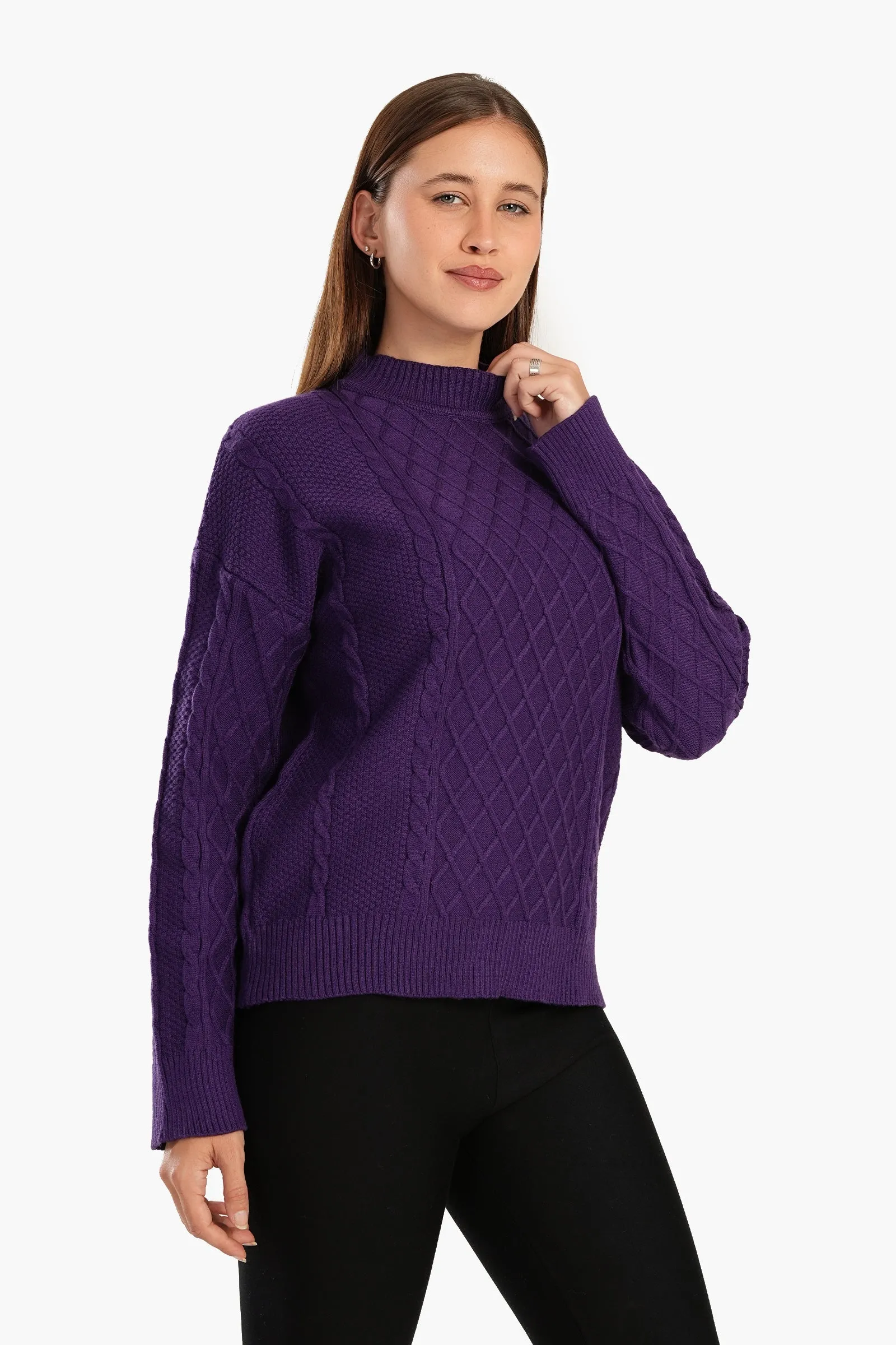 High Ribbed Neck Pullover - Purple