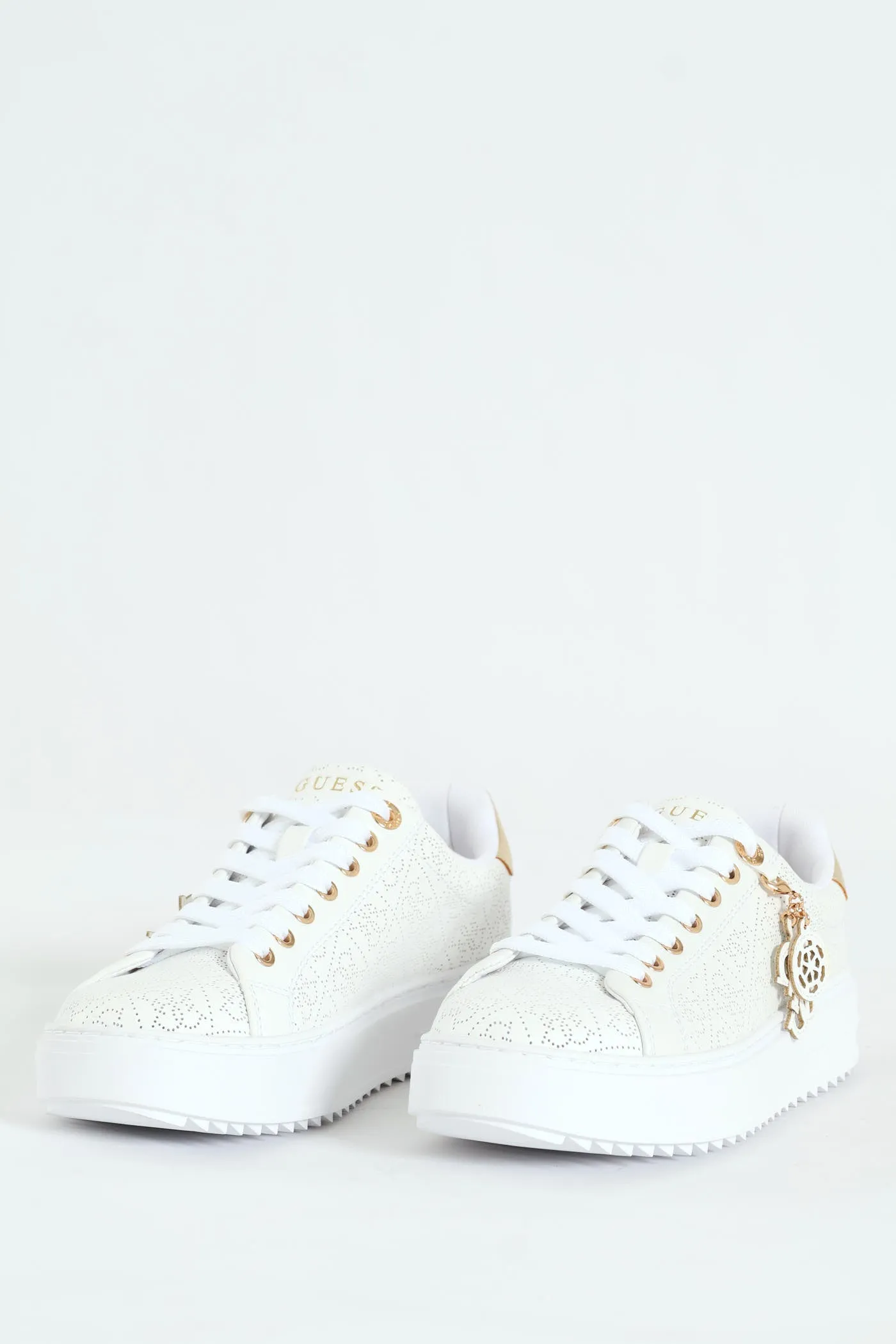 Lazer Cut Monogram Platform Lace Up Sneaker - White