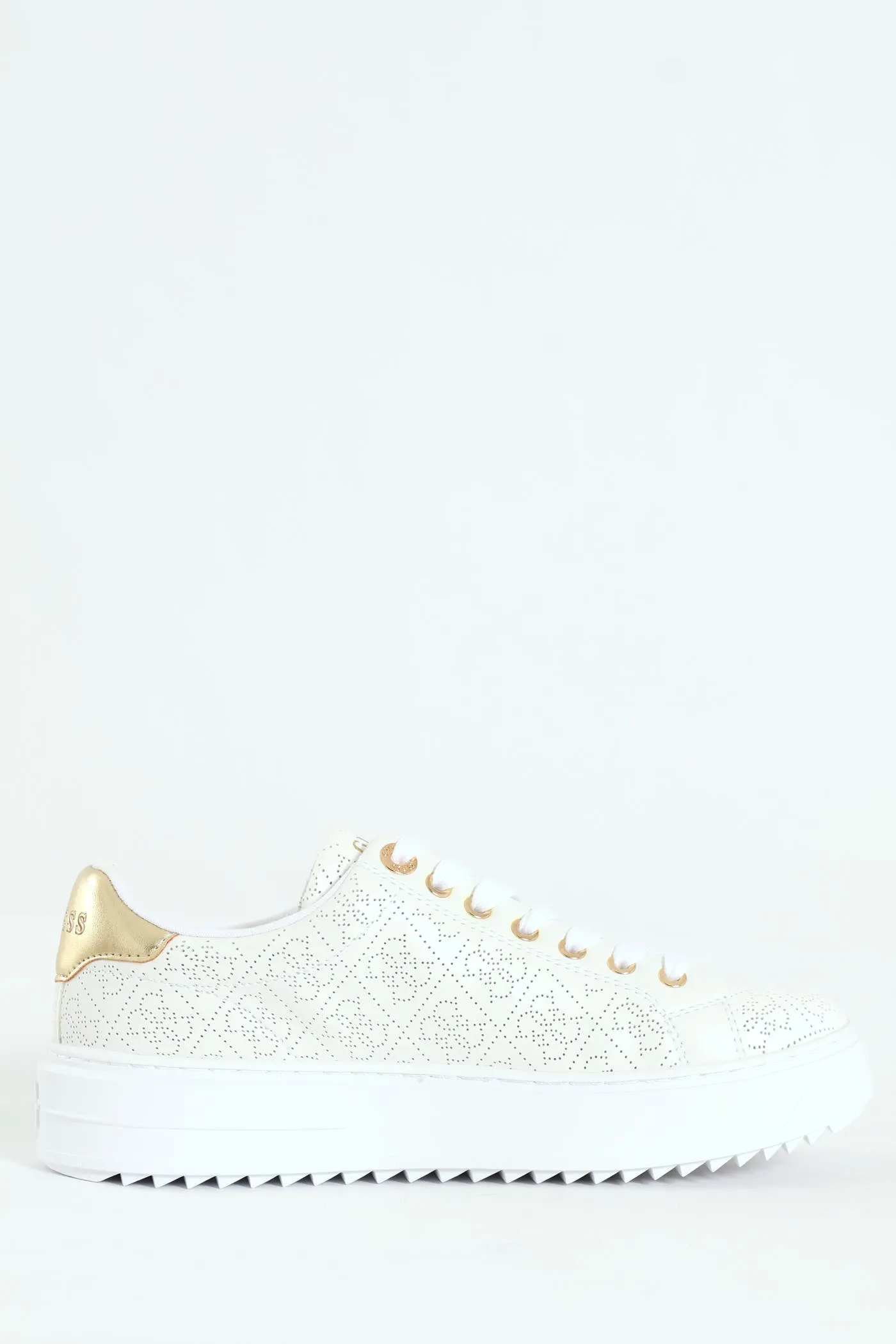 Lazer Cut Monogram Platform Lace Up Sneaker - White