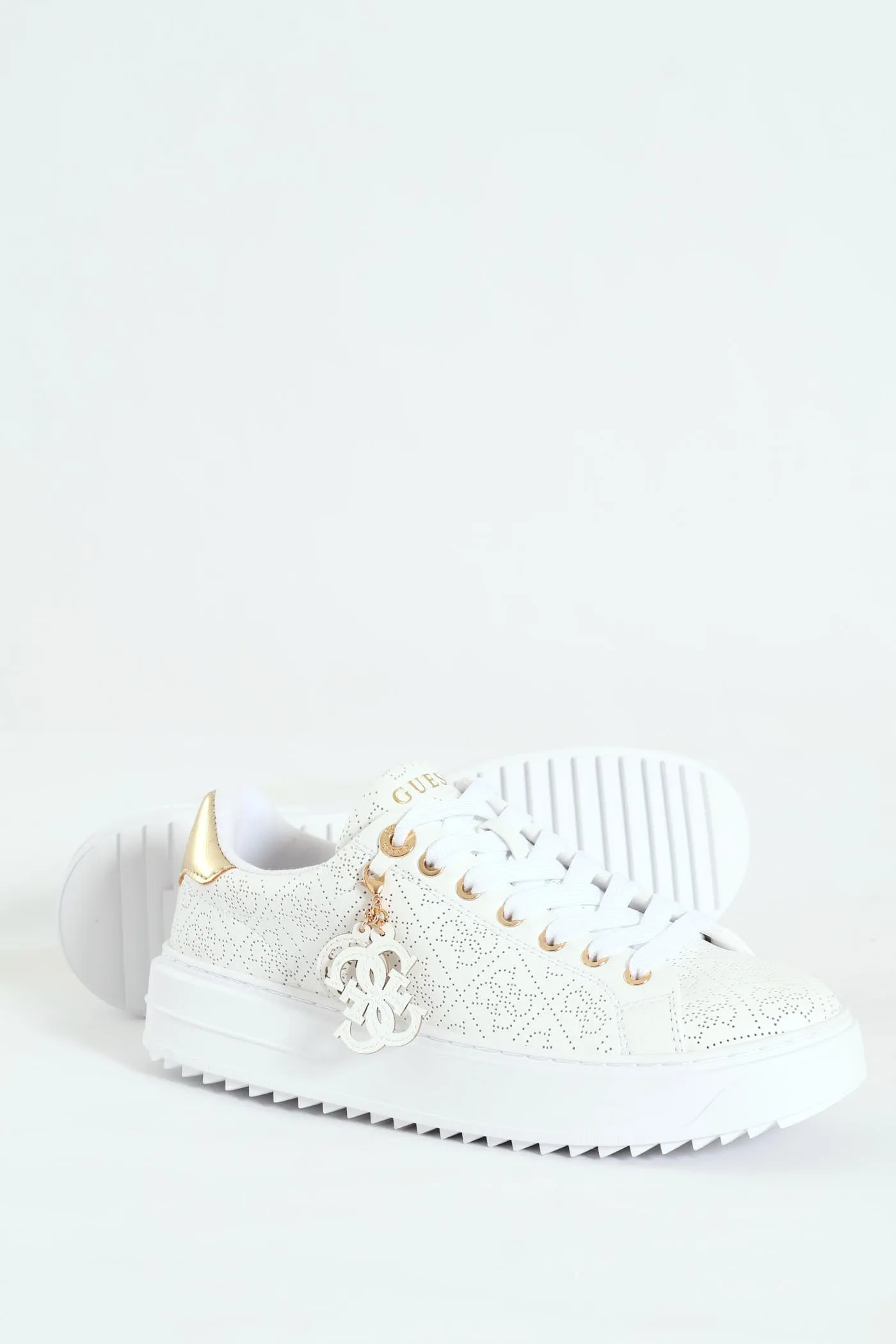 Lazer Cut Monogram Platform Lace Up Sneaker - White