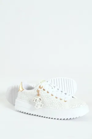 Lazer Cut Monogram Platform Lace Up Sneaker - White