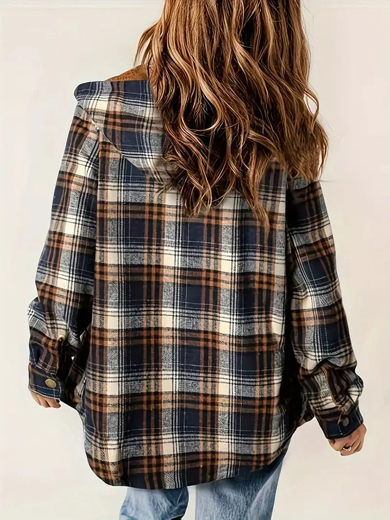 New 1pc Women'S Casual Plaid Hooded Jacket, Polyester Fleece-Lined Gingham Coat, Woven Fall/Winter Outerwear Fits M/L! Retails $94 
