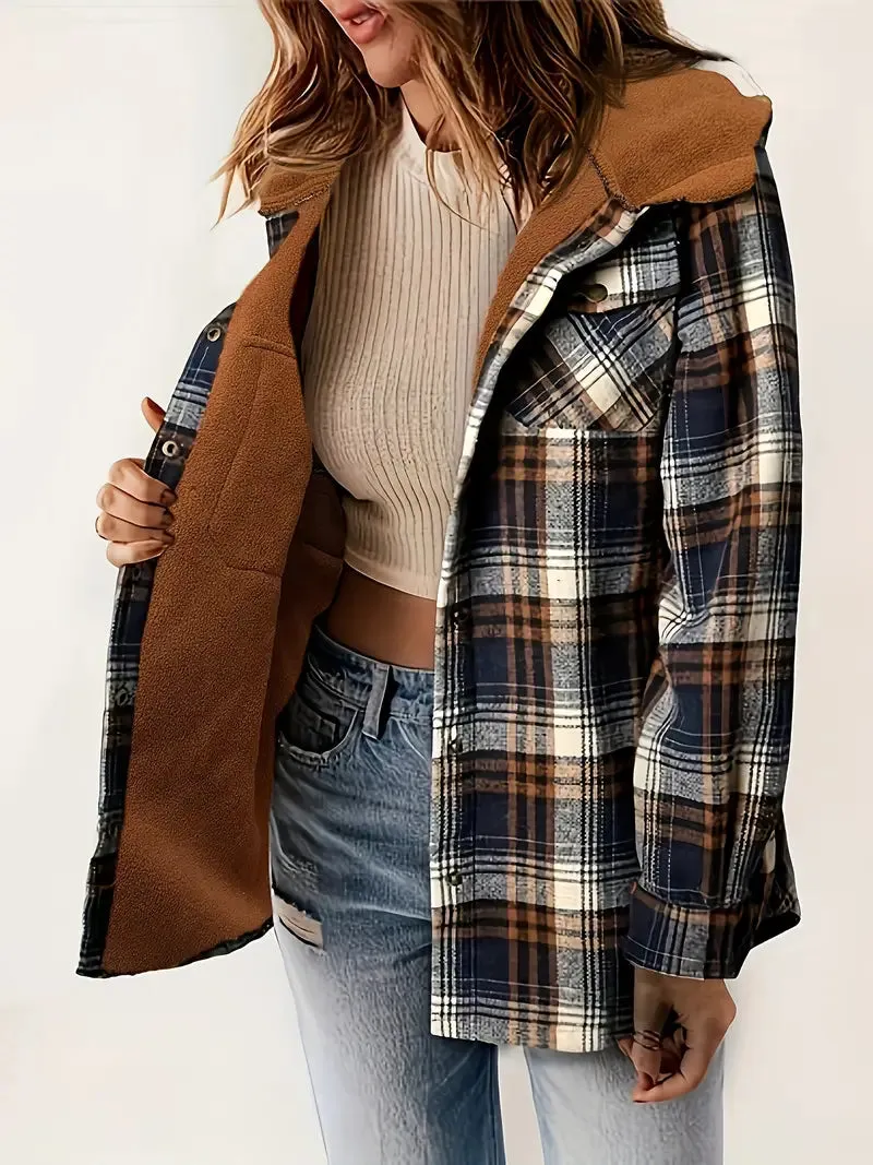 New 1pc Women'S Casual Plaid Hooded Jacket, Polyester Fleece-Lined Gingham Coat, Woven Fall/Winter Outerwear Fits M/L! Retails $94 