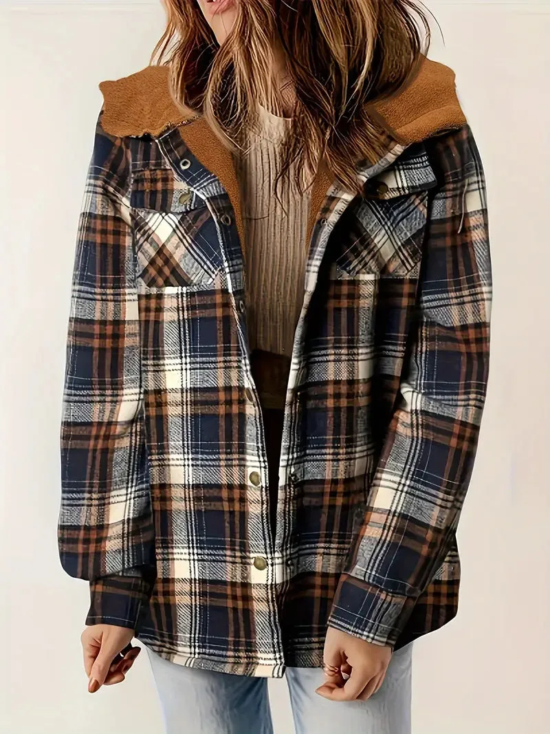 New 1pc Women'S Casual Plaid Hooded Jacket, Polyester Fleece-Lined Gingham Coat, Woven Fall/Winter Outerwear Fits M/L! Retails $94 