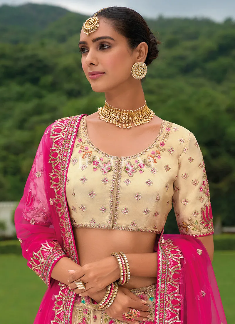 Pink And Cream Traditional Embroidery Bridal Lehenga Choli
