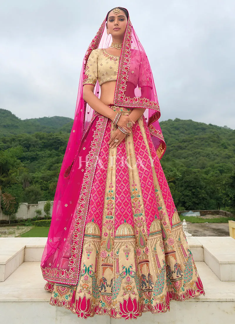 Pink And Cream Traditional Embroidery Bridal Lehenga Choli