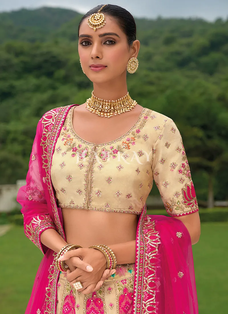 Pink And Cream Traditional Embroidery Bridal Lehenga Choli