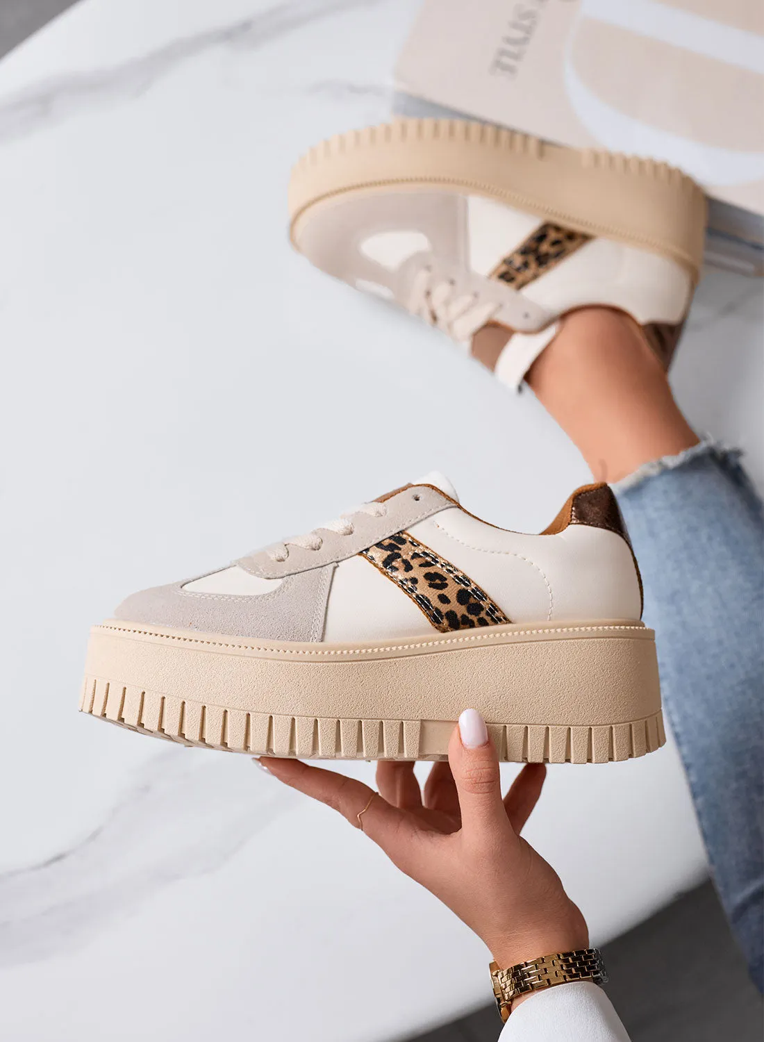 SHELBY - Sneakers Platform Beige con Inserti Animalier Leopardati