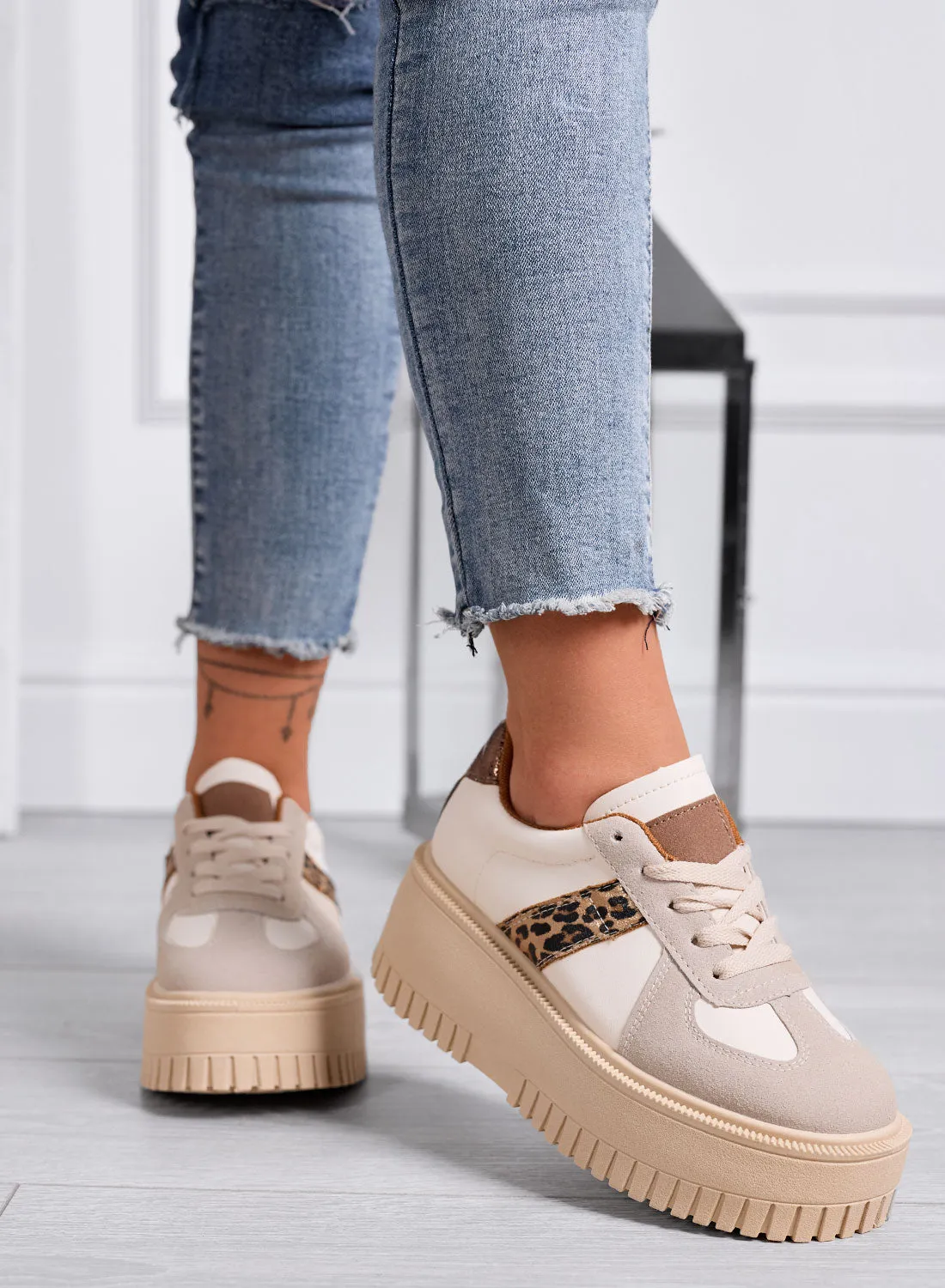 SHELBY - Sneakers Platform Beige con Inserti Animalier Leopardati