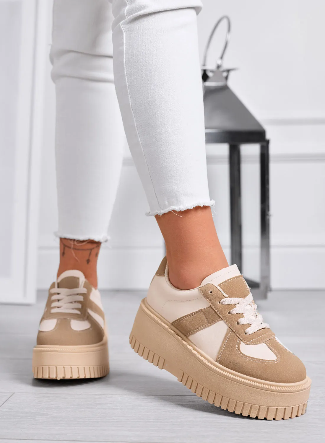 SHELBY - Sneakers Platform Beige con Inserti fango a contrasto