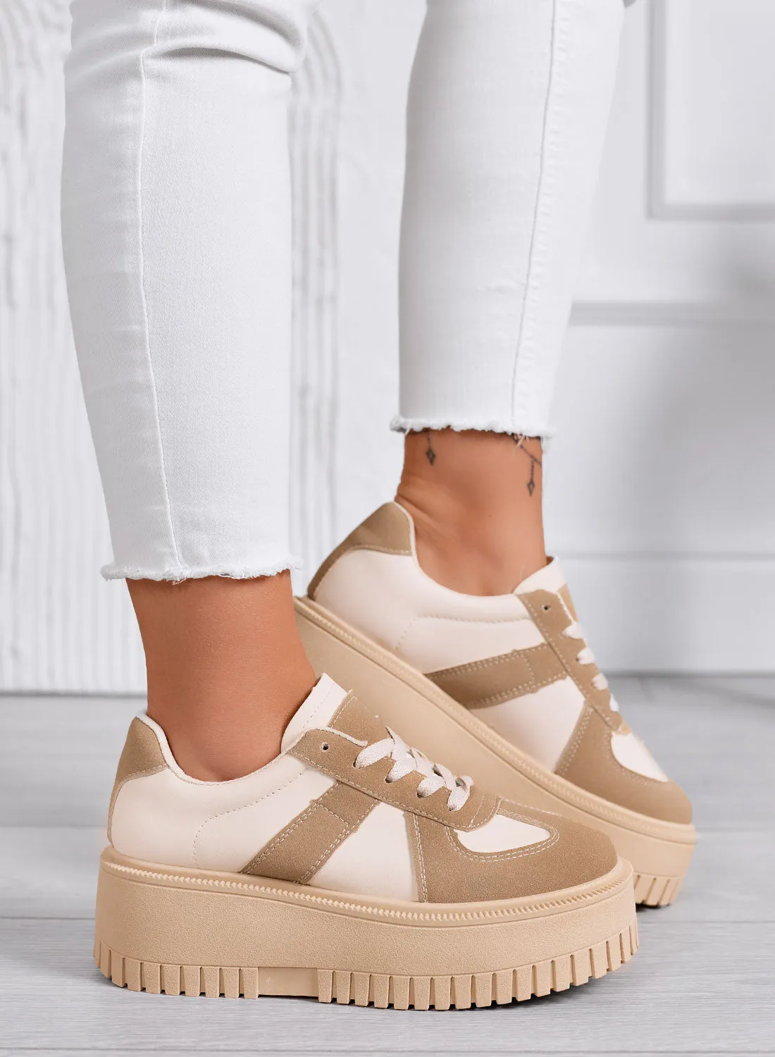 SHELBY - Sneakers Platform Beige con Inserti fango a contrasto