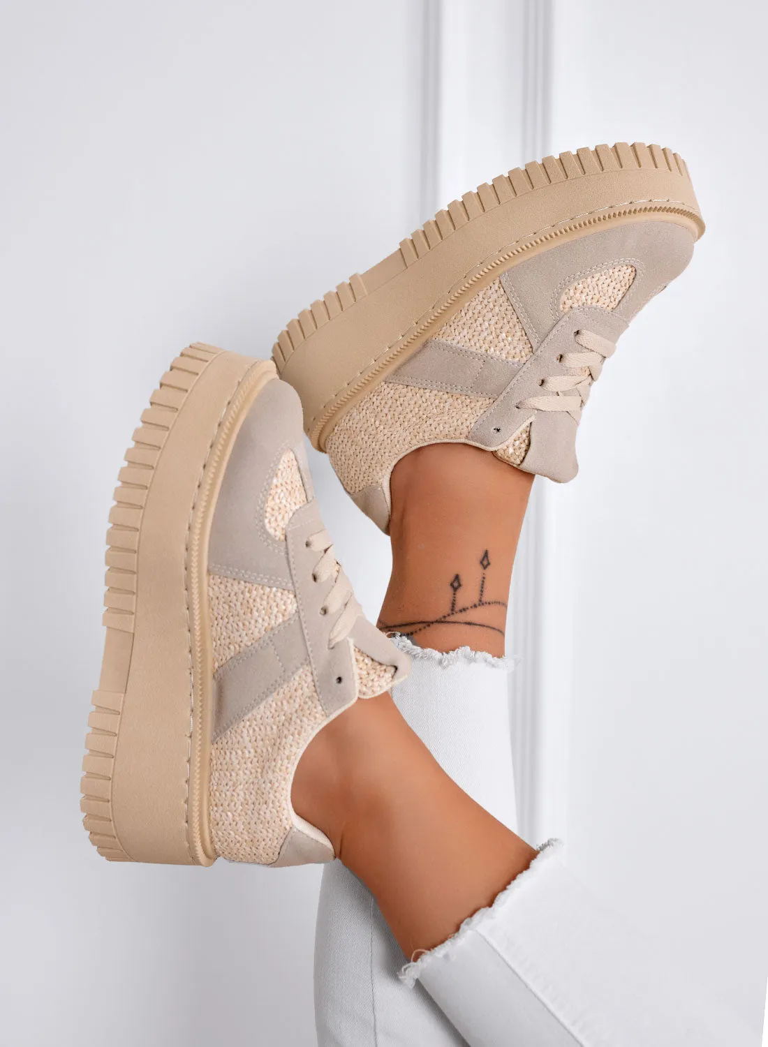 SHELBY - Sneakers Platform Beige con Inserti in tessuto
