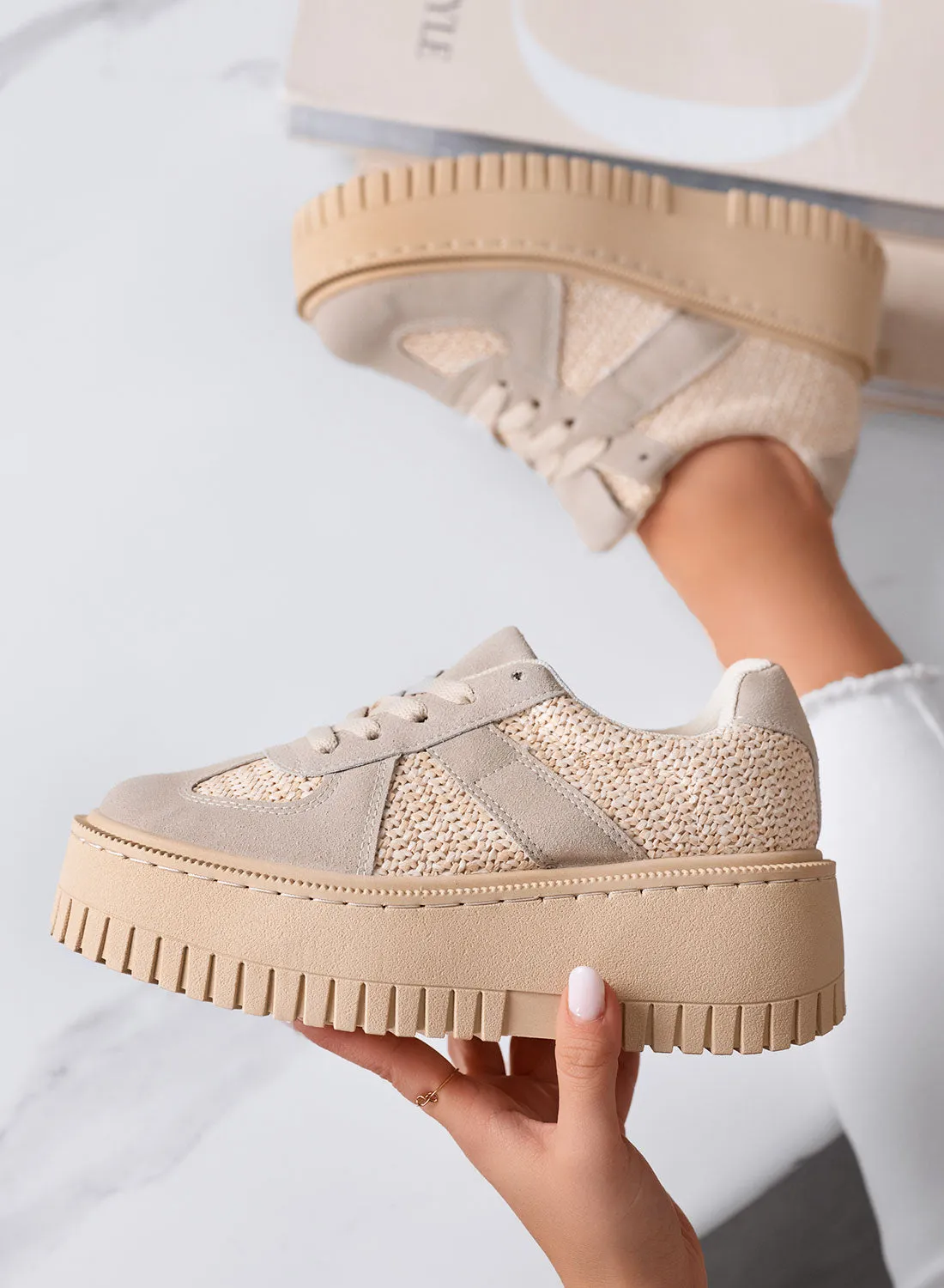 SHELBY - Sneakers Platform Beige con Inserti in tessuto