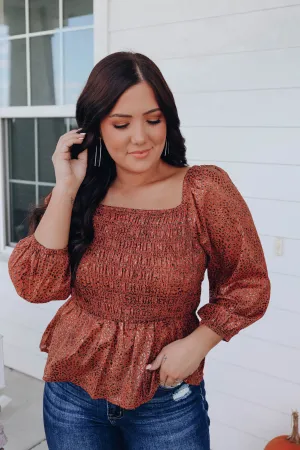 Veronica Metallic Peplum Top - Rust
